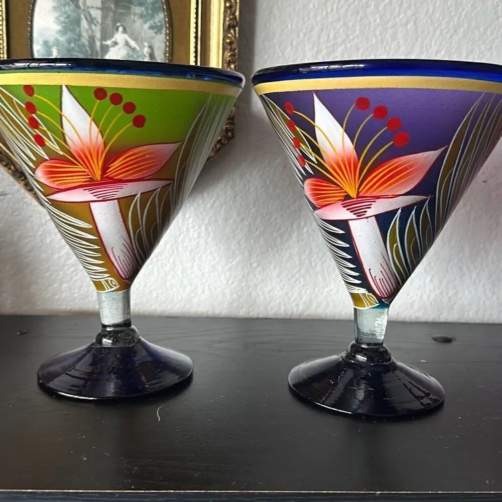 Set of two blue rim margarita cocktail made in Mexico glasses cups